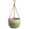 Pot de fleurs suspendu diamètre 20 cm céramique vert beige avec corde style naturel
