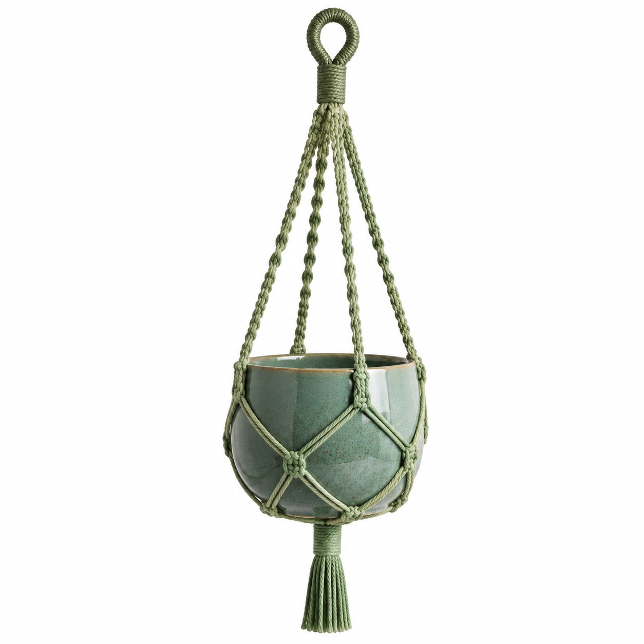 Pot de fleurs suspendu diamètre 16 cm en céramique vert avec cordage tressé style bohème