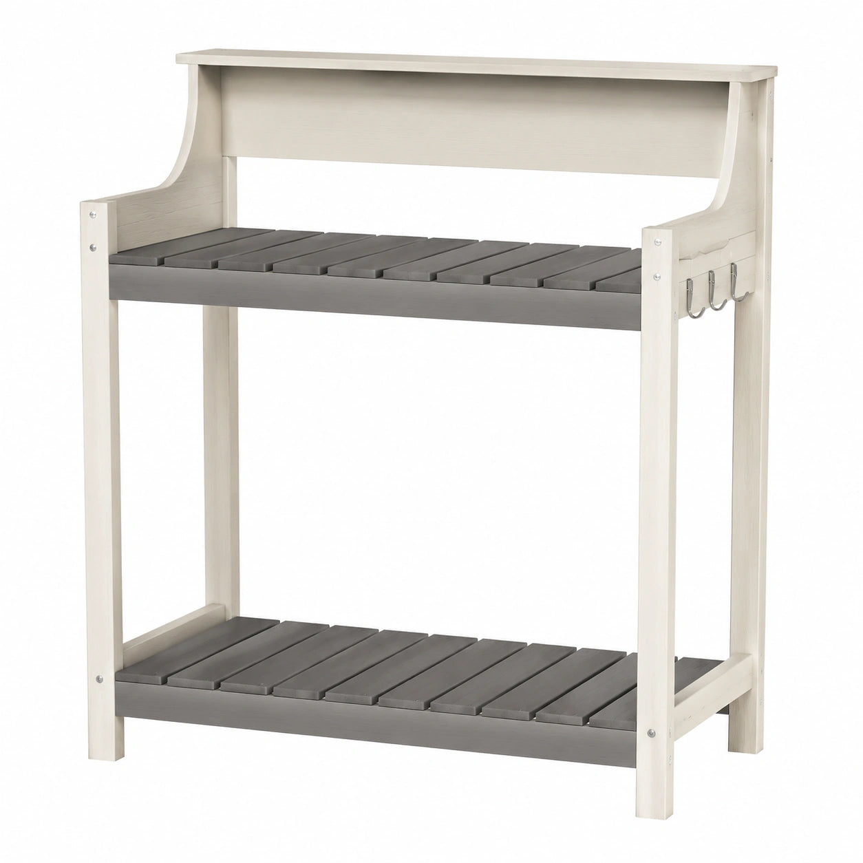 Table de jardinage 100 x 50 x 150 cm en bois gris et blanc avec étagères et crochets