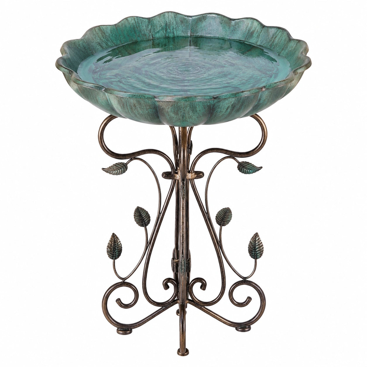 Bain d’oiseaux sur pied Ø50 cm en métal vert style végétal pour jardin