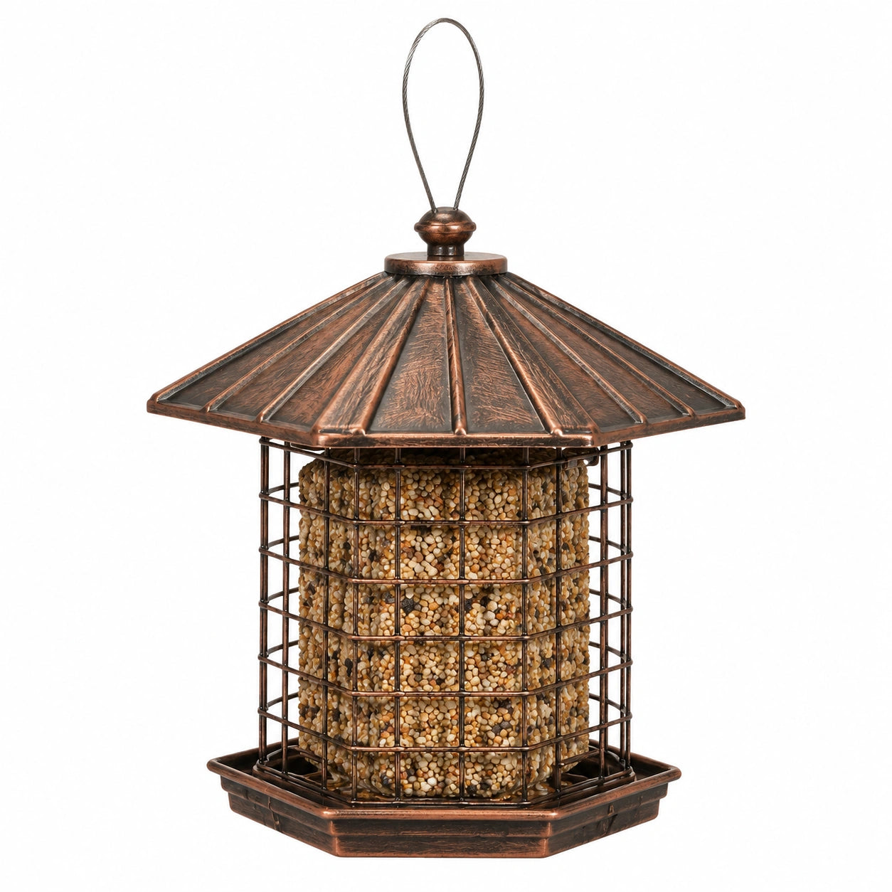 Mangeoire à oiseaux suspendue 20 x 34 cm en métal cuivre vieilli avec plateau collecteur