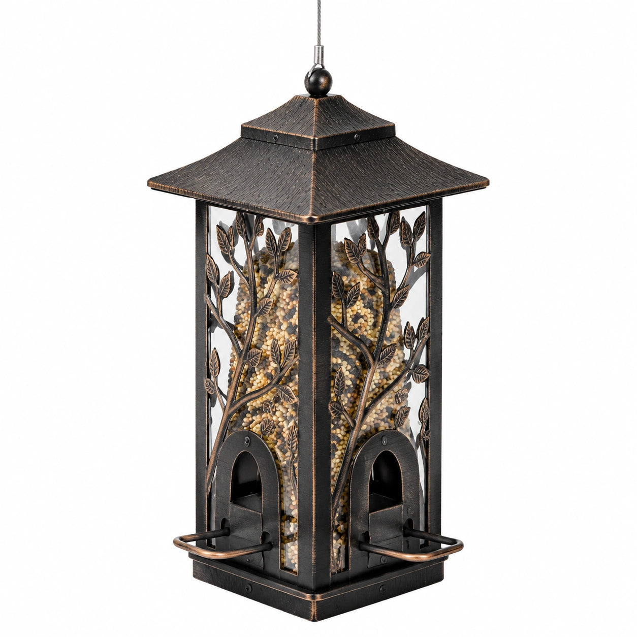 Mangeoire à oiseaux 25 x 25 x 45 cm en métal noir bronze suspendue à décor feuillage
