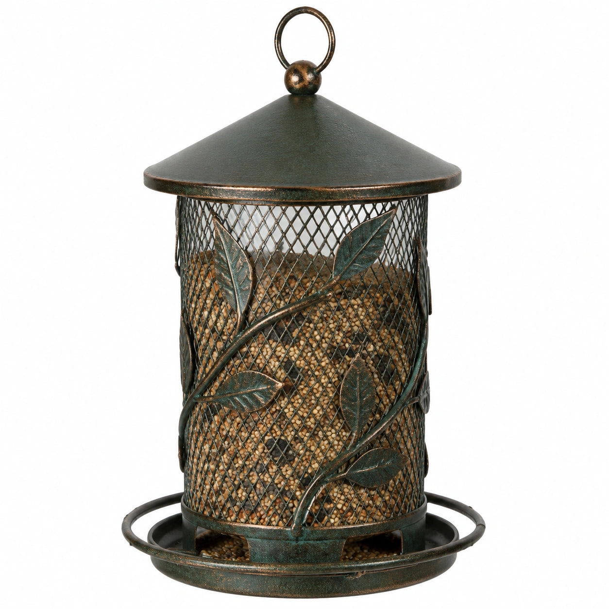 Mangeoire à oiseaux suspendue en métal vert bronze Ø 20 cm x H 32 cm avec plateau collecteur