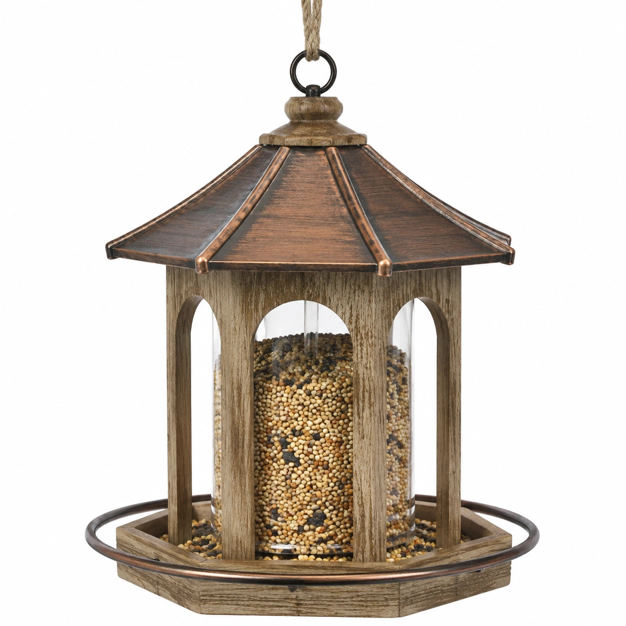 Mangeoire à oiseaux suspendue 30 cm bois métal brun pour graines style rustique