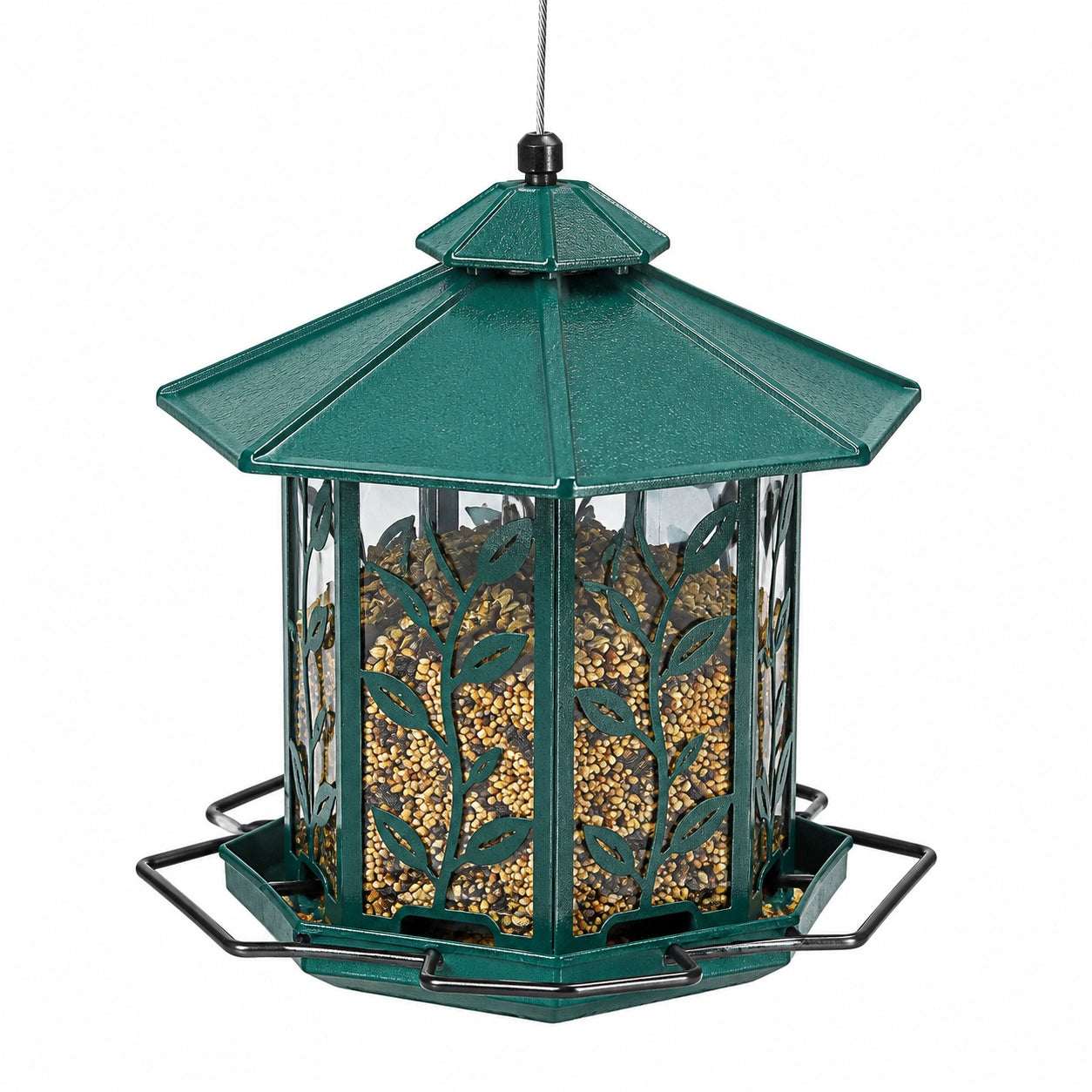 Mangeoire à oiseaux suspendue 22 x 30 cm en métal vert avec toit protecteur décor feuillage