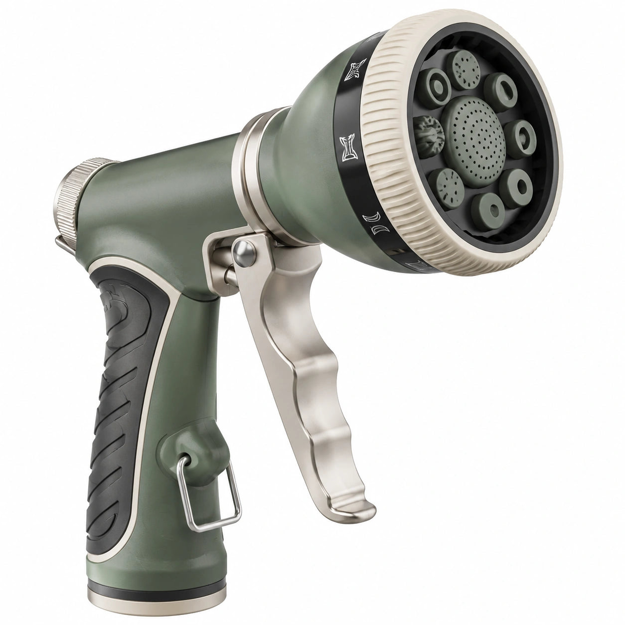 Pistolet d'arrosage 20 cm en plastique et métal vert olive à jet réglable